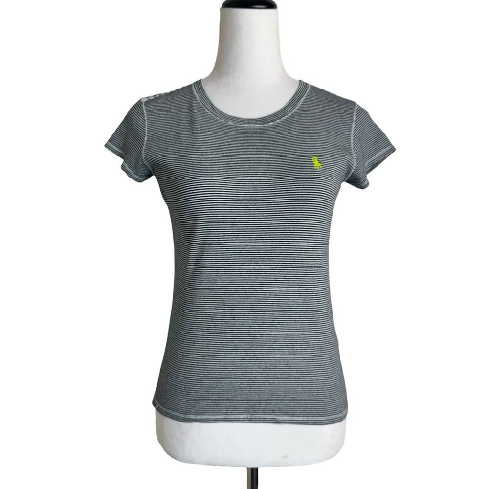 Ralph Lauren Striped Crew Neck T-Shirt Black White Pony Logo Womens Small Preppy